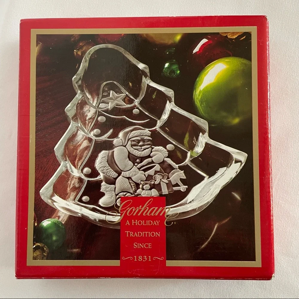 GORHAM Candy Dish Etched Crystal Holiday Traditions North Pole Express Tree